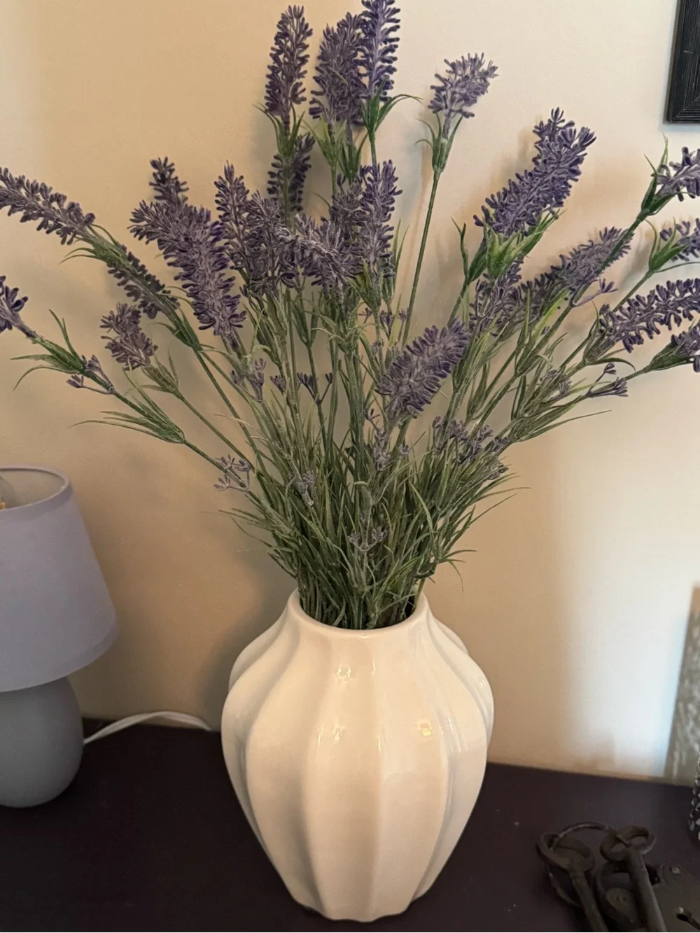 Artificial Lavender Spray in Purple with White Ceramic Vase